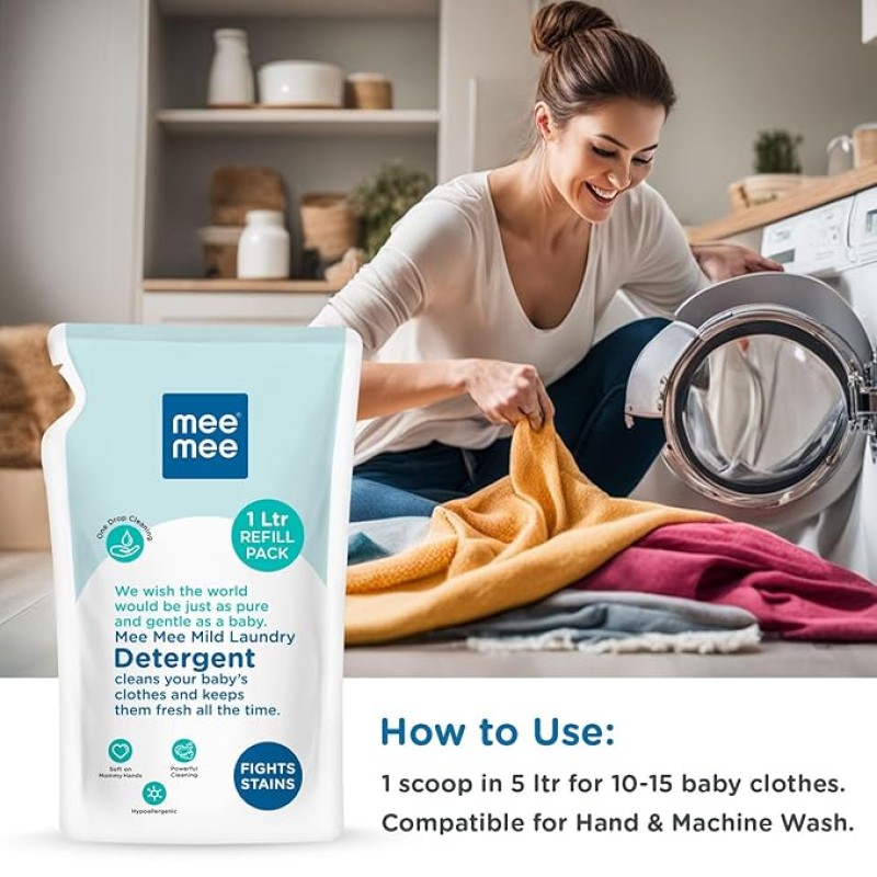 Mee Mee Baby Liquid Detergent 1 L | Ph balanced, Free from Harsh Chemicals, Safe for mother's hands & baby's skin | Anti-Bacterial, Removes Stains & Odor with One Drop, Hypoallergenic Mee Mee Baby Liquid Detergent 1 L | Ph balanced, Free from Harsh Chemicals, Safe for mother's hands & baby's skin | Anti-Bacterial, Removes Stains & Odor with One Drop, Hypoallergenic