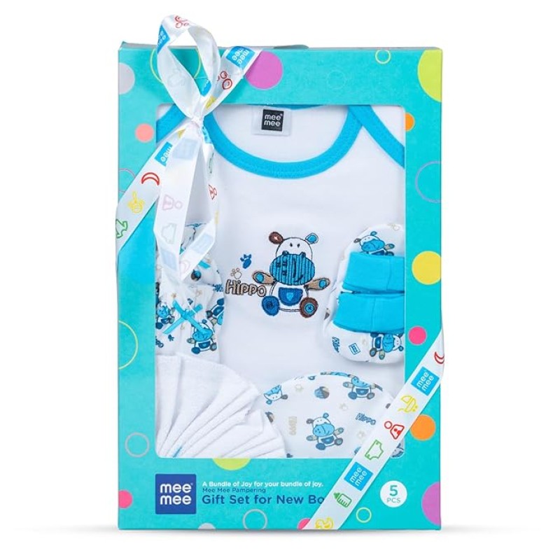 Mee Mee New Born Baby Gift Set | Soft Cotton Clothing Essentials for Infants/Baby Girls, Boys | Baby Shower Clothing Hamper (5 Pieces, Blue)| Ideal Gift for New Born Baby Mee Mee New Born Baby Gift Set | Soft Cotton Clothing Essentials for Infants/Baby Girls, Boys | Baby Shower Clothing Hamper (5 Pieces, Blue)| Ideal Gift for New Born Baby