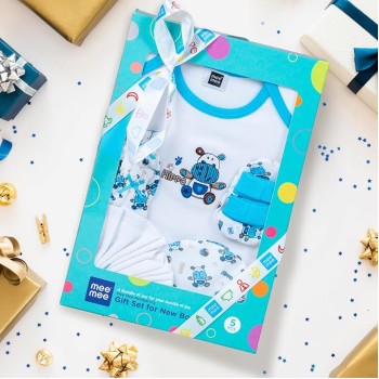 Mee Mee New Born Baby Gift Set | Soft Cotton Clothing Essentials for Infants/Baby Girls, Boys | Baby Shower Clothing Hamper (5 Pieces, Blue)| Ideal Gift for New Born Baby