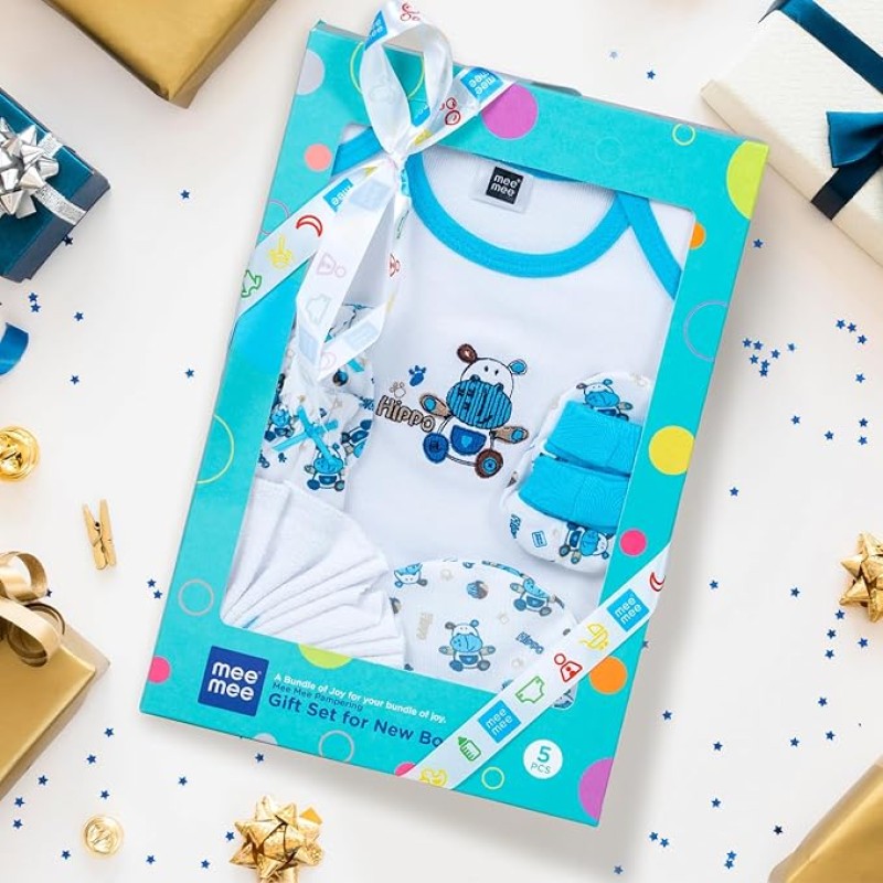 Mee Mee New Born Baby Gift Set | Soft Cotton Clothing Essentials for Infants/Baby Girls, Boys | Baby Shower Clothing Hamper (5 Pieces, Blue)| Ideal Gift for New Born Baby Mee Mee New Born Baby Gift Set | Soft Cotton Clothing Essentials for Infants/Baby Girls, Boys | Baby Shower Clothing Hamper (5 Pieces, Blue)| Ideal Gift for New Born Baby