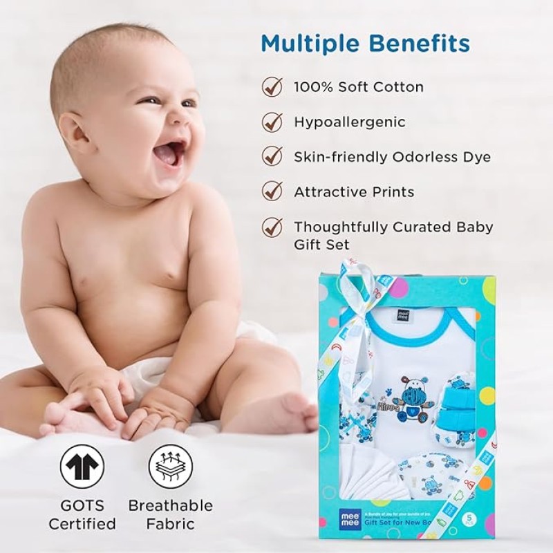 Mee Mee New Born Baby Gift Set | Soft Cotton Clothing Essentials for Infants/Baby Girls, Boys | Baby Shower Clothing Hamper (5 Pieces, Blue)| Ideal Gift for New Born Baby Mee Mee New Born Baby Gift Set | Soft Cotton Clothing Essentials for Infants/Baby Girls, Boys | Baby Shower Clothing Hamper (5 Pieces, Blue)| Ideal Gift for New Born Baby