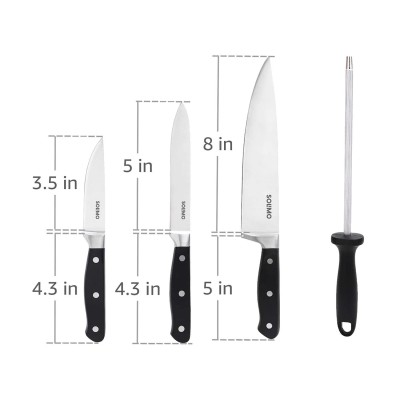 Solimo Premium High-Carbon Stainless Steel Kitchen Knife Set, 4-Pieces (with Sharpener), Silver