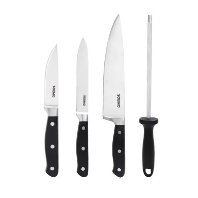 Solimo Premium High-Carbon Stainless Steel Kitchen Knife Set, 4-Pieces (with Sharpener), Silver