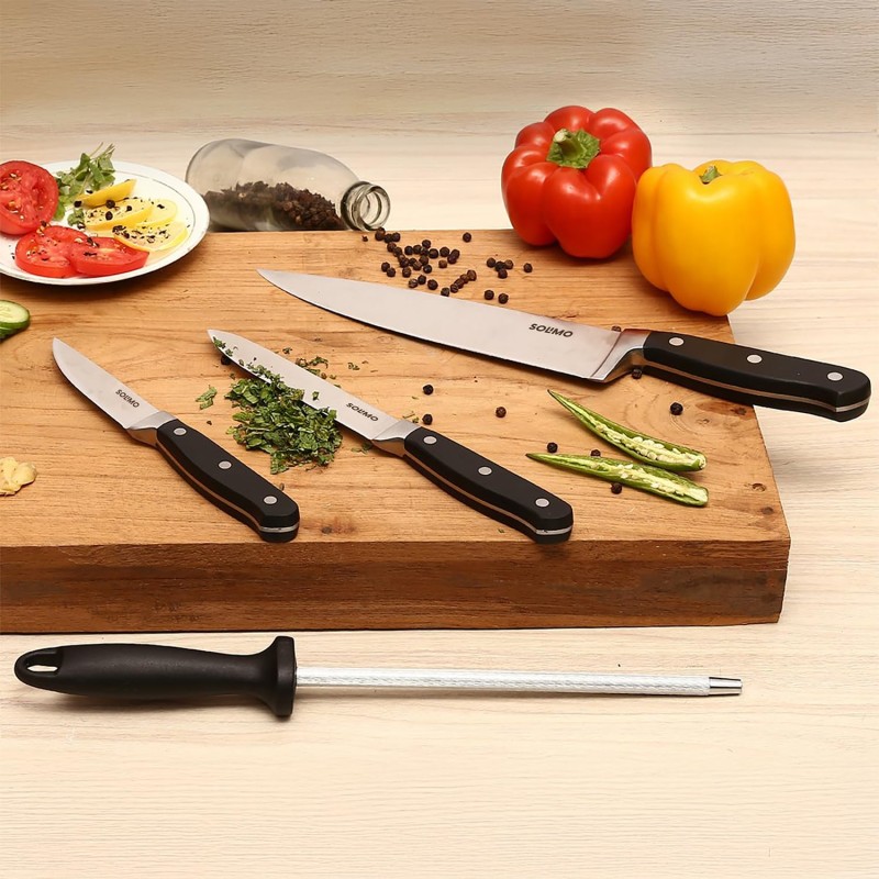 Solimo Premium High-Carbon Stainless Steel Kitchen Knife Set, 4-Pieces (with Sharpener), Silver Solimo Premium High-Carbon Stainless Steel Kitchen Knife Set, 4-Pieces (with Sharpener), Silver