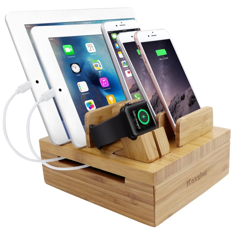 iCozzier Tabletop Bamboo 5-Slot Removable Tablet Phone Stand Holder Desktop Organizer for Apple Watch, iPhone, iPad, iWatch Stand Cord Organizer iCozzier Tabletop Bamboo 5-Slot Removable Tablet Phone Stand Holder Desktop Organizer for Apple Watch, iPhone, iPad, iWatch Stand Cord Organizer