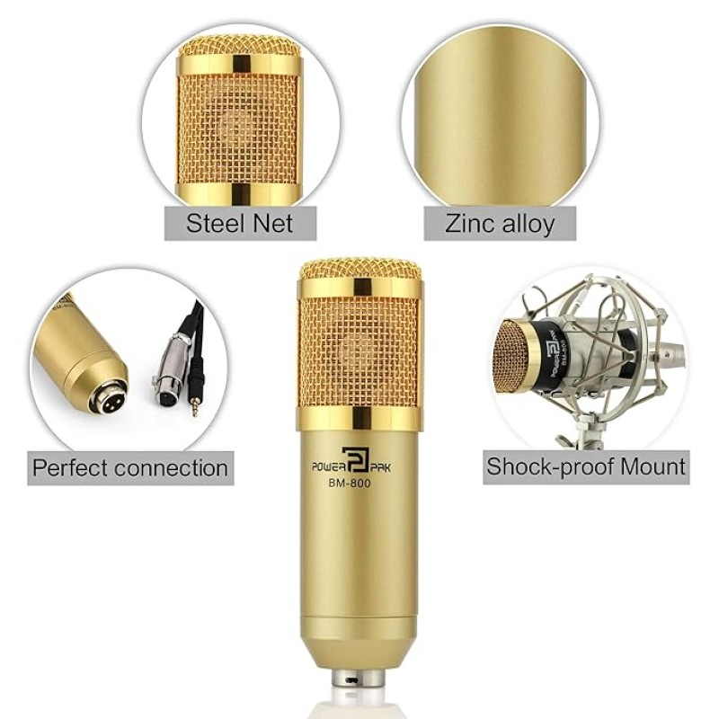 Powerpak Bm-800 Gold Professional Condenser Microphone with Metal Shock Mount (Requires Phantom Power Or Sound Card) - XLR Powerpak Bm-800 Gold Professional Condenser Microphone with Metal Shock Mount (Requires Phantom Power Or Sound Card) - XLR