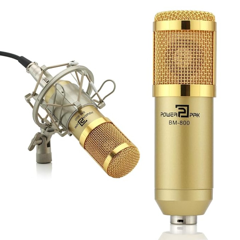 Powerpak Bm-800 Gold Professional Condenser Microphone with Metal Shock Mount (Requires Phantom Power Or Sound Card) - XLR Powerpak Bm-800 Gold Professional Condenser Microphone with Metal Shock Mount (Requires Phantom Power Or Sound Card) - XLR
