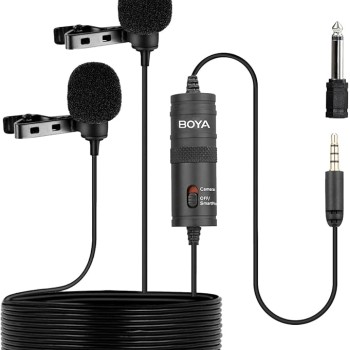 Boya By-M1Dm Dual Lavalier Universal Auxiliary Microphone With A Single 1/8 Stereo Connector For Smartphones Dslr Cameras Camcorders, Black, For Action Cameras With Cleaning Cloth(Gopro, Sjcam)