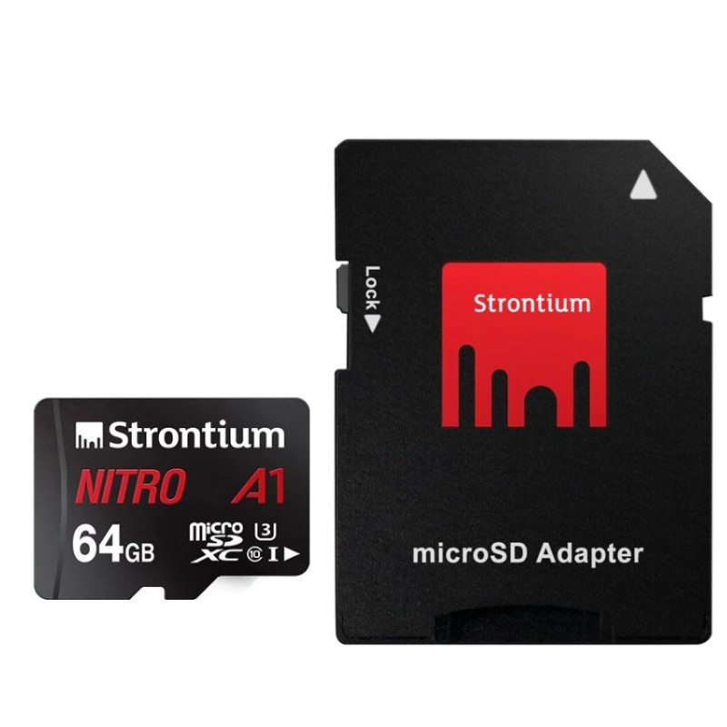Strontium Nitro A1 64GB Micro SDXC Memory Card 100MB/s A1 UHS-I U3 Class 10 with High Speed Adapter for Smartphones Tablets Drones Action Cams (SRN64GTFU3A1A) Strontium Nitro A1 64GB Micro SDXC Memory Card 100MB/s A1 UHS-I U3 Class 10 with High Speed Adapter for Smartphones Tablets Drones Action Cams (SRN64GTFU3A1A)