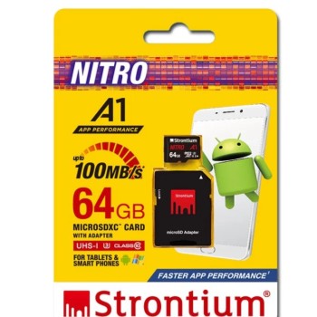 Strontium Nitro A1 64GB Micro SDXC Memory Card 100MB/s A1 UHS-I U3 Class 10 with High Speed Adapter for Smartphones Tablets Drones Action Cams (SRN64GTFU3A1A)