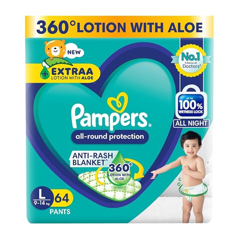 Pampers All Round Protection Pants Style Baby Diapers, Large size (L), 64 Count, 9-14kg, Anti-rash blanket, 360 degree Lotion with Aloe Vera Pampers All Round Protection Pants Style Baby Diapers, Large size (L), 64 Count, 9-14kg, Anti-rash blanket, 360 degree Lotion with Aloe Vera