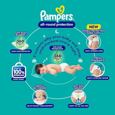 Pampers All Round Protection Pants Style Baby Diapers, Large size (L), 64 Count, 9-14kg, Anti-rash blanket, 360 degree Lotion with Aloe Vera Pampers All Round Protection Pants Style Baby Diapers, Large size (L), 64 Count, 9-14kg, Anti-rash blanket, 360 degree Lotion with Aloe Vera