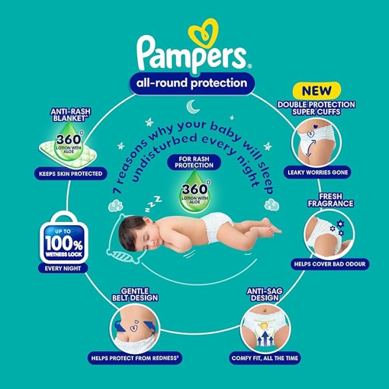Pampers All Round Protection Pants Style Baby Diapers, Large size (L), 64 Count, 9-14kg, Anti-rash blanket, 360 degree Lotion with Aloe Vera Pampers All Round Protection Pants Style Baby Diapers, Large size (L), 64 Count, 9-14kg, Anti-rash blanket, 360 degree Lotion with Aloe Vera