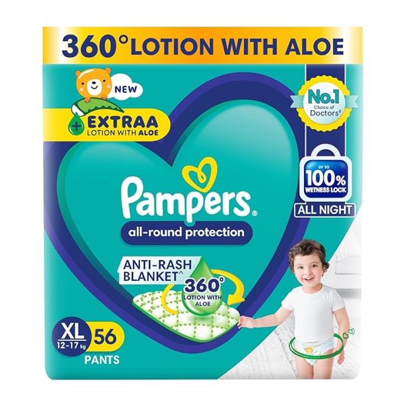 Pampers All Round Protection Pants Style Baby Diapers, Extra Large size (XL) 56 Count, 12-17kg, Anti-rash blanket, 360 degree Lotion with Aloe Vera Pampers All Round Protection Pants Style Baby Diapers, Extra Large size (XL) 56 Count, 12-17kg, Anti-rash blanket, 360 degree Lotion with Aloe Vera