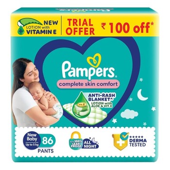 Pampers Complete Skin Comfort Pants, Anti-Rash Blanket, Lotion with Vitamin E & Aloe Vera, New Born, Extra Small Size Baby Diapers (NB,XS) 86 Count, Upto 5kg