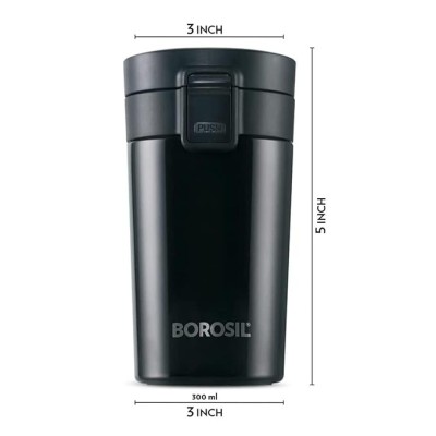 Borosil - vacuum insulated Hydra Coffeemate stainless Steel travel mug - spill proof - hot and cold_BT300BLK110_300ml Borosil - vacuum insulated Hydra Coffeemate stainless Steel travel mug - spill proof - hot and cold_BT300BLK110_300ml