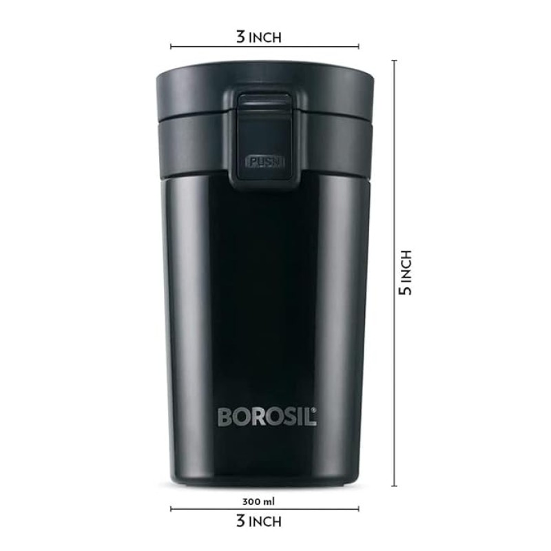 Borosil - vacuum insulated Hydra Coffeemate stainless Steel travel mug - spill proof - hot and cold_BT300BLK110_300ml Borosil - vacuum insulated Hydra Coffeemate stainless Steel travel mug - spill proof - hot and cold_BT300BLK110_300ml