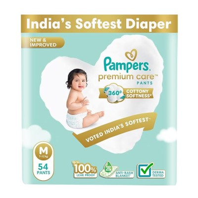 Pampers Premium Care Pant Style Baby Diapers | Medium (M size) | 54 Count | Voted India's Softest | All-in-1 with 360 Cottony Softness Diapers | 7-12kg Pampers Premium Care Pant Style Baby Diapers | Medium (M size) | 54 Count | Voted India's Softest | All-in-1 with 360 Cottony Softness Diapers | 7-12kg