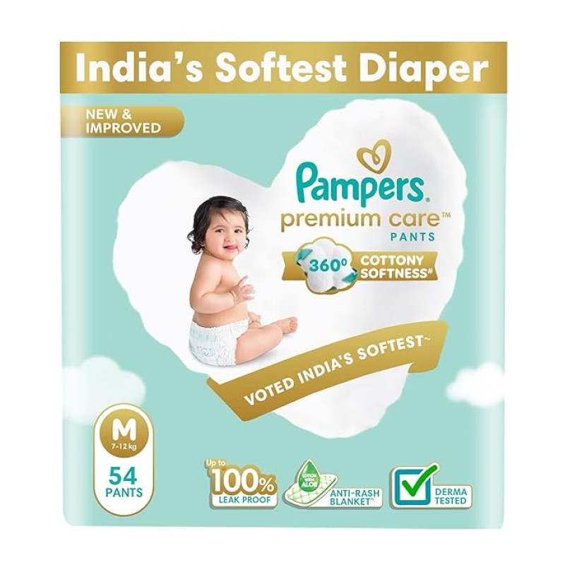 Pampers Premium Care Pant Style Baby Diapers | Medium (M size) | 54 Count | Voted India's Softest | All-in-1 with 360 Cottony Softness Diapers | 7-12kg Pampers Premium Care Pant Style Baby Diapers | Medium (M size) | 54 Count | Voted India's Softest | All-in-1 with 360 Cottony Softness Diapers | 7-12kg