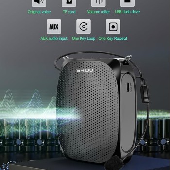 SHIDU Portable Rechargeable Voice Amplifier with Wired Neckband Microphone, Supports AUX, USB & Micro-SD Card Input for Teachers, Tour Guides, Coaches, Classroom, Singing, Yoga, Fitness Instructors