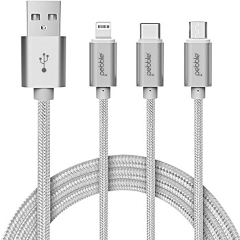Pebble PNC311S 3 in 1 Nylon Braided Charging Cable with Type C, iOS and Micro USB - (1 Meters) - (Silver)