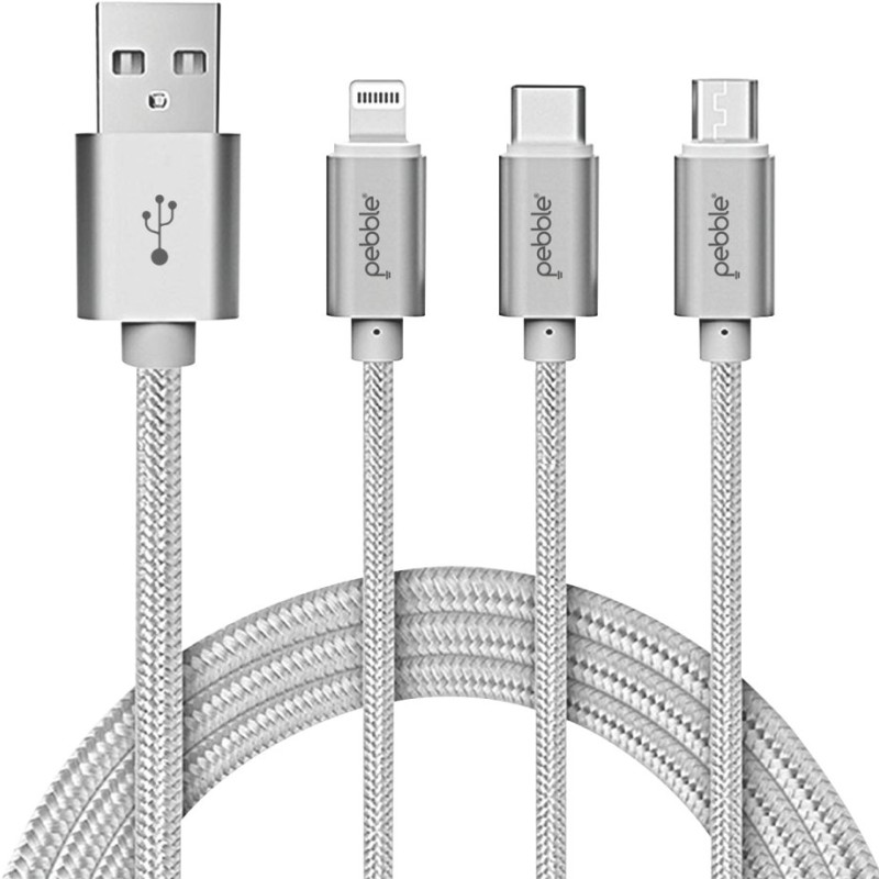 Pebble PNC311S 3 in 1 Nylon Braided Charging Cable with Type C, iOS and Micro USB - (1 Meters) - (Silver) Pebble PNC311S 3 in 1 Nylon Braided Charging Cable with Type C, iOS and Micro USB - (1 Meters) - (Silver)