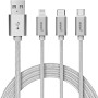 Pebble PNC311S 3 in 1 Nylon Braided Charging Cable with Type C, iOS and Micro USB - (1 Meters) - (Silver)