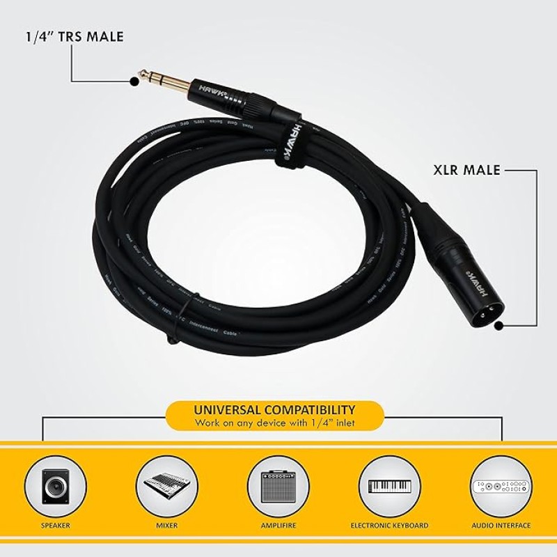 HAWK PROAUDIO SXSG010 Gold Series 6.35mm TRS Male to XLR Male Balanced Interconnect With USB Cable Tie for Monitor - 3 Meter (Black) HAWK PROAUDIO SXSG010 Gold Series 6.35mm TRS Male to XLR Male Balanced Interconnect With USB Cable Tie for Monitor - 3 Meter (Black)