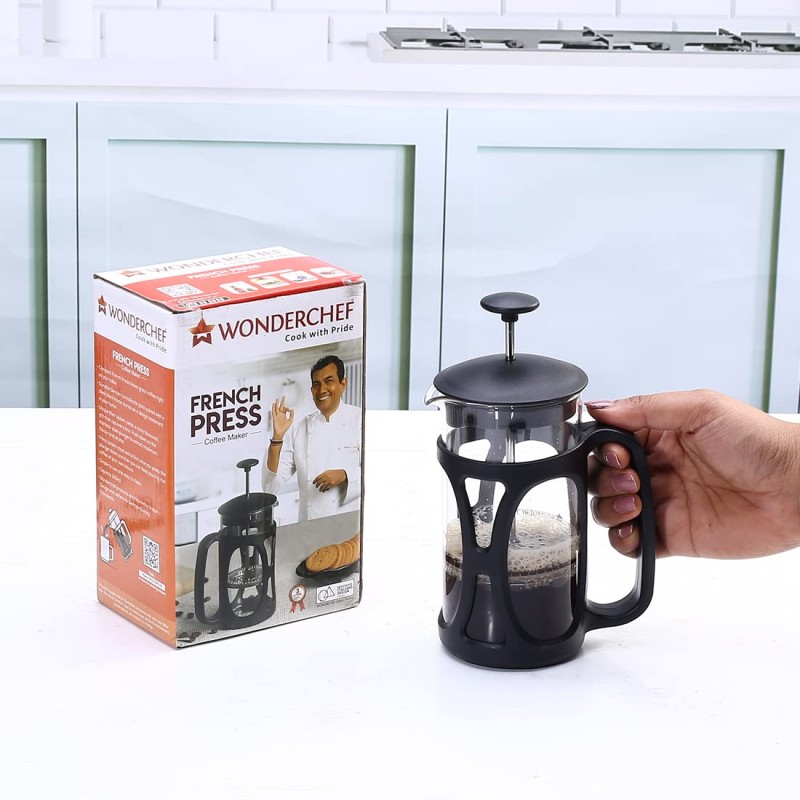 Wonderchef French Press Coffee & Tea Maker 350 ml|Borosilicate Glass Carafe|4 Level Filtration System|Stainless Steel Plunger with Mesh|1-2 Cups of Coffee|Brews in Just 3 Minutes|Black|1 Year Warranty Wonderchef French Press Coffee & Tea Maker 350 ml|Borosilicate Glass Carafe|4 Level Filtration System|Stainless Steel Plunger with Mesh|1-2 Cups of Coffee|Brews in Just 3 Minutes|Black|1 Year Warranty