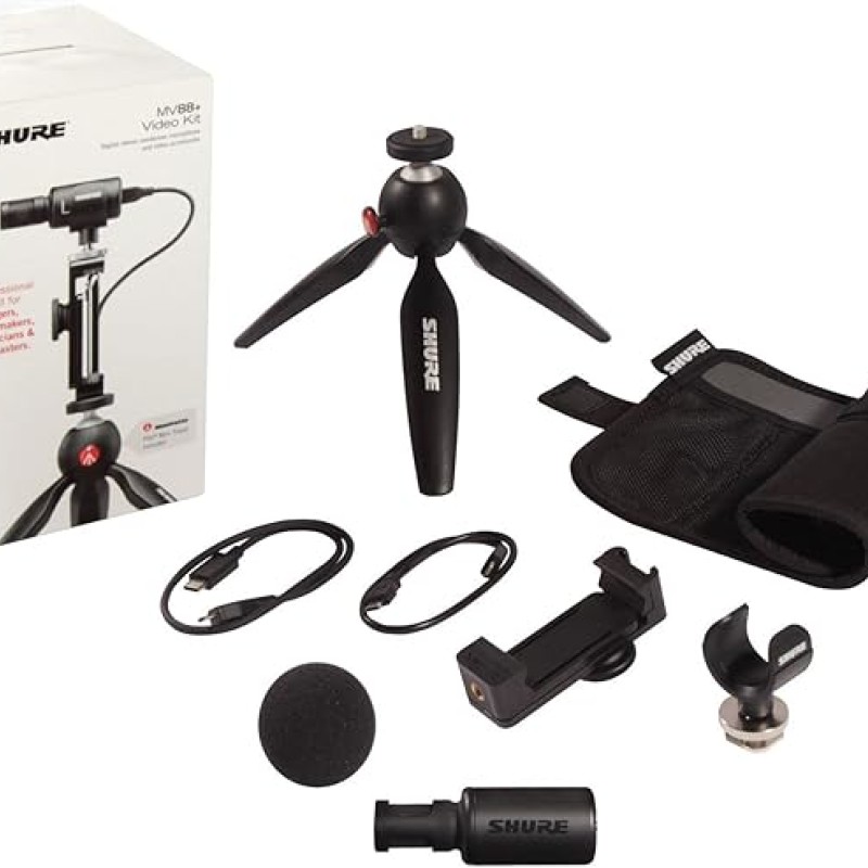 Shure MV88+ Video Kit - Digital Stereo Condenser Microphone for Apple and Android, with Manfrotto PIXI Tripod, Phone Clamp, Mount, iOS and USB-C Cables for Next-Level Connectivity (MV88+ Video KIT) Shure MV88+ Video Kit - Digital Stereo Condenser Microphone for Apple and Android, with Manfrotto PIXI Tripod, Phone Clamp, Mount, iOS and USB-C Cables for Next-Level Connectivity (MV88+ Video KIT)