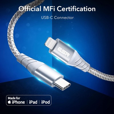 ESR USB-C to Lightning Cable, 3 ft (1 m), MFi-Certified, PD Fast Charging Cable for iPhone 14/14 Plus/14 Pro/14 Pro Max, iPhone 13/12 Series, iPhone SE 2022/11/XR/XS Max, Braided Nylon, Black ESR USB-C to Lightning Cable, 3 ft (1 m), MFi-Certified, PD Fast Charging Cable for iPhone 14/14 Plus/14 Pro/14 Pro Max, iPhone 13/12 Series, iPhone SE 2022/11/XR/XS Max, Braided Nylon, Black