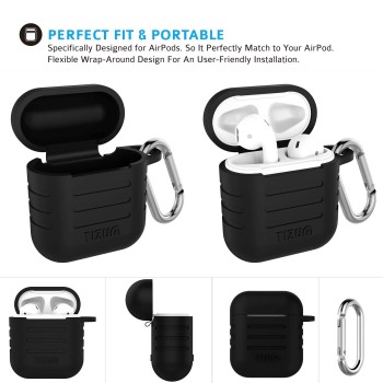 Tizum Apple AirPods Case, Silicone-Shockproof Headphones Case Cover with Carabiner Hook for AirPods (Black) Tizum Apple AirPods Case, Silicone-Shockproof Headphones Case Cover with Carabiner Hook for AirPods (Black)