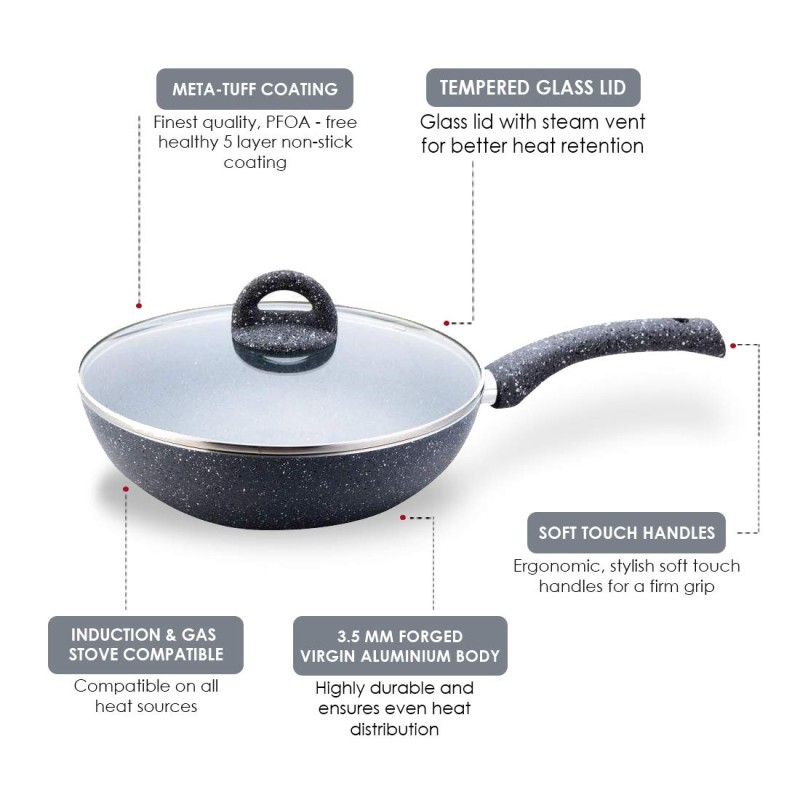 Wonderchef Granite 26cm Non-Stick Wok | Glass Lid | Induction Bottom | Soft-Touch Handles | Virgin Aluminium | PFOA and Heavy Metals Free | 3.5mm Thick| 26cm, 3.1 litres | 2 Year Warranty | Grey Wonderchef Granite 26cm Non-Stick Wok | Glass Lid | Induction Bottom | Soft-Touch Handles | Virgin Aluminium | PFOA and Heavy Metals Free | 3.5mm Thick| 26cm, 3.1 litres | 2 Year Warranty | Grey