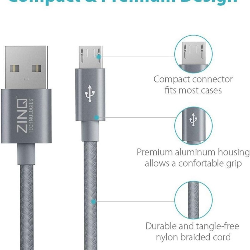 Zinq Technologies Nylon Braided Micro USB Cable - 4.9 Feet (1.5 Meters) - (Silver) Zinq Technologies Nylon Braided Micro USB Cable - 4.9 Feet (1.5 Meters) - (Silver)