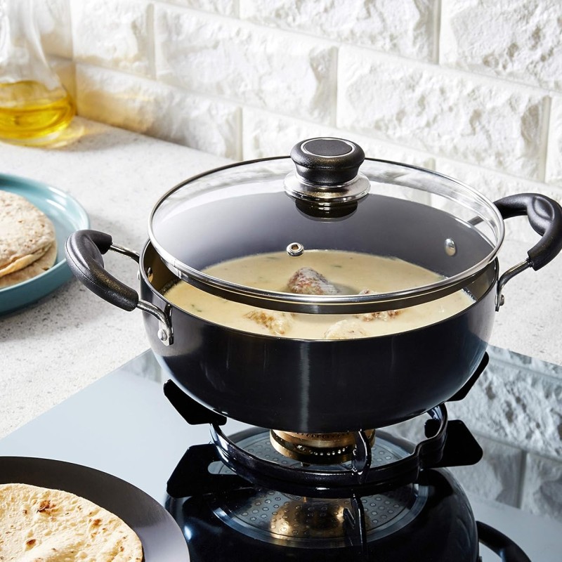 Solimo - Hard Anodized Deep Kadhai With Induction Bottom And Glass Lid (22 Cm), Black Solimo - Hard Anodized Deep Kadhai With Induction Bottom And Glass Lid (22 Cm), Black