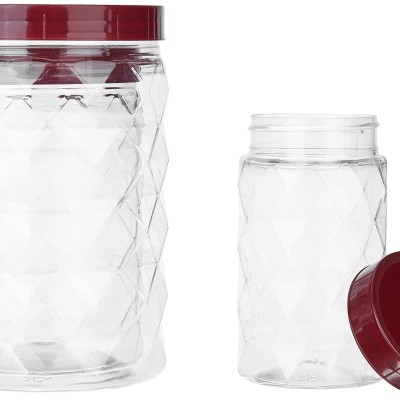 Solimo Plastic Pet Storage Jar and Container, Set of 18 (6 pcs x 300 ml, 6 pcs x 600 ml, 6 pcs x 1.2 ltrs Each), Red Wine | Air Tight | Kitchen Organiser | BPA Free | Stackable