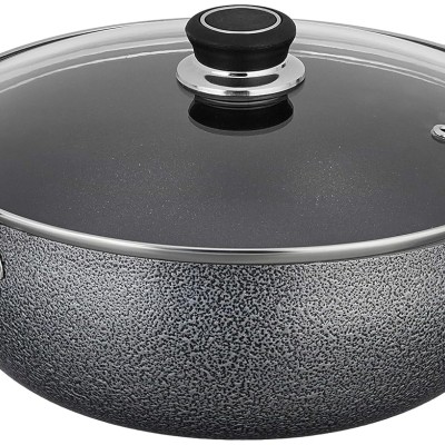 Solimo-Non Stick Kadhai With Glass Lid(26 Cm,Hammertone Finish,3 Coat,2.9 Mm Thickness)|Black,4 litres