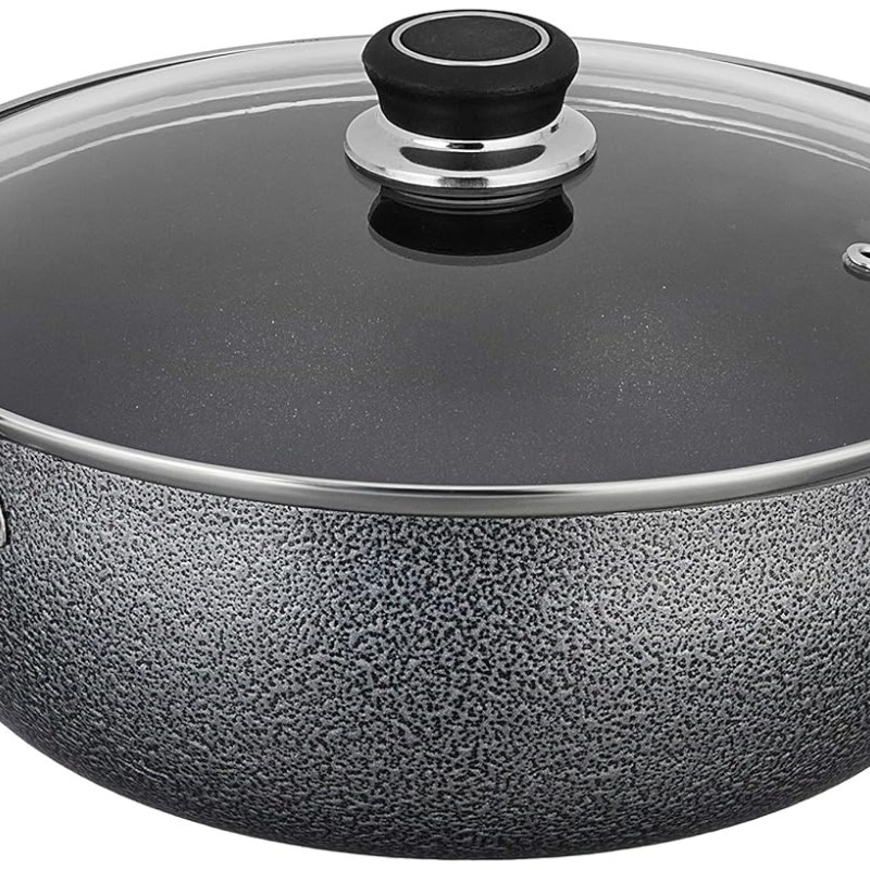 Solimo-Non Stick Kadhai With Glass Lid(26 Cm,Hammertone Finish,3 Coat,2.9 Mm Thickness)|Black,4 litres