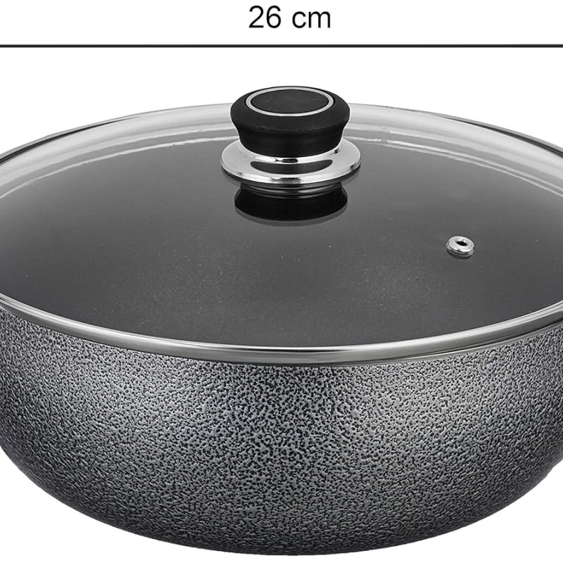 Solimo-Non Stick Kadhai With Glass Lid(26 Cm,Hammertone Finish,3 Coat,2.9 Mm Thickness)|Black,4 litres Solimo-Non Stick Kadhai With Glass Lid(26 Cm,Hammertone Finish,3 Coat,2.9 Mm Thickness)|Black,4 litres