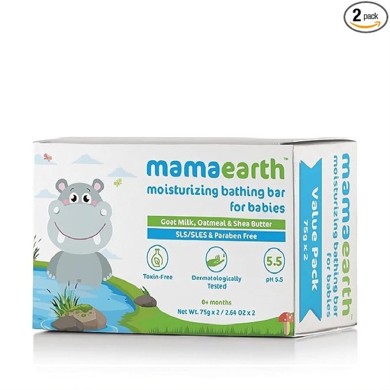 Mamaearth Moisturizing Bathing Bar For Babies - 75 g x 2 | Infused with Goat Milk, Oatmeal and Shea Butter | Gently Cleanses, Retains Moisture, Balanced at 5.5 pH Mamaearth Moisturizing Bathing Bar For Babies - 75 g x 2 | Infused with Goat Milk, Oatmeal and Shea Butter | Gently Cleanses, Retains Moisture, Balanced at 5.5 pH