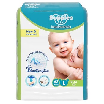Supples Premium Baby Diaper Pants | 62 Baby Diapers | Large | 9-14 Kg | 12 Hrs Absorption | Cushiony Cotton Soft Fabric | Phthalates-Free | Triple Leak Guard
