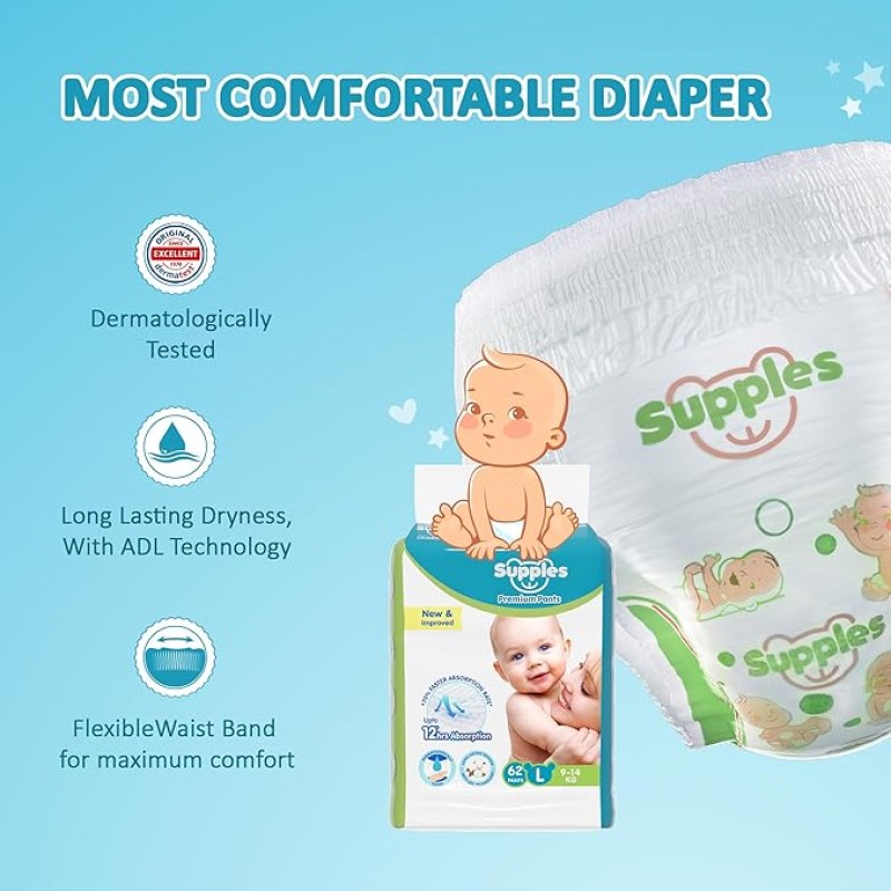 Supples Premium Baby Diaper Pants | 62 Baby Diapers | Large | 9-14 Kg | 12 Hrs Absorption | Cushiony Cotton Soft Fabric | Phthalates-Free | Triple Leak Guard Supples Premium Baby Diaper Pants | 62 Baby Diapers | Large | 9-14 Kg | 12 Hrs Absorption | Cushiony Cotton Soft Fabric | Phthalates-Free | Triple Leak Guard