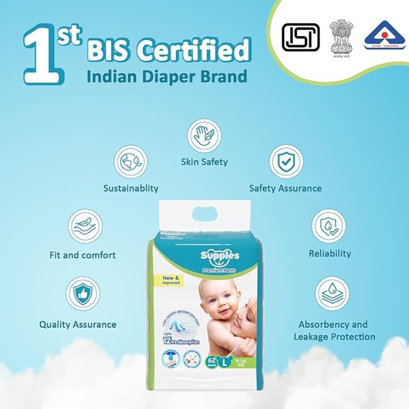 Supples Premium Baby Diaper Pants | 62 Baby Diapers | Large | 9-14 Kg | 12 Hrs Absorption | Cushiony Cotton Soft Fabric | Phthalates-Free | Triple Leak Guard Supples Premium Baby Diaper Pants | 62 Baby Diapers | Large | 9-14 Kg | 12 Hrs Absorption | Cushiony Cotton Soft Fabric | Phthalates-Free | Triple Leak Guard