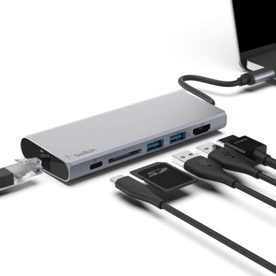 Belkin USB C 6 in 1 Hub Adapter with 60W Power delivery, 5 Gbps Transfer Speed, Ethernet Port, 4K HDMI, USB C, SD Card and 2 USB A 3.0 & 2.0 Data Ports, for MacBook/iPad and More Belkin USB C 6 in 1 Hub Adapter with 60W Power delivery, 5 Gbps Transfer Speed, Ethernet Port, 4K HDMI, USB C, SD Card and 2 USB A 3.0 & 2.0 Data Ports, for MacBook/iPad and More