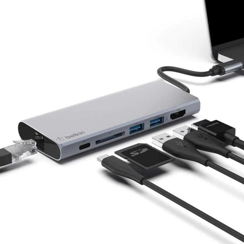 Belkin USB C 6 in 1 Hub Adapter with 60W Power delivery, 5 Gbps Transfer Speed, Ethernet Port, 4K HDMI, USB C, SD Card and 2 USB A 3.0 & 2.0 Data Ports, for MacBook/iPad and More Belkin USB C 6 in 1 Hub Adapter with 60W Power delivery, 5 Gbps Transfer Speed, Ethernet Port, 4K HDMI, USB C, SD Card and 2 USB A 3.0 & 2.0 Data Ports, for MacBook/iPad and More