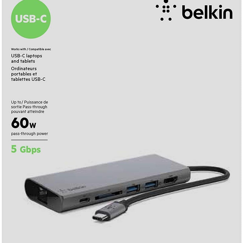 Belkin USB C 6 in 1 Hub Adapter with 60W Power delivery, 5 Gbps Transfer Speed, Ethernet Port, 4K HDMI, USB C, SD Card and 2 USB A 3.0 & 2.0 Data Ports, for MacBook/iPad and More Belkin USB C 6 in 1 Hub Adapter with 60W Power delivery, 5 Gbps Transfer Speed, Ethernet Port, 4K HDMI, USB C, SD Card and 2 USB A 3.0 & 2.0 Data Ports, for MacBook/iPad and More
