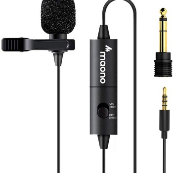MAONO AU-100 Collar Auxiliary Mic for YouTube, Mobile Phone, Camera, Lavalier Clip on Omnidirectional Microphone, Plug and Play, with 6M Audio Cable, 3.5mm TRRS Plug and 6.35mm Adapter (Black)