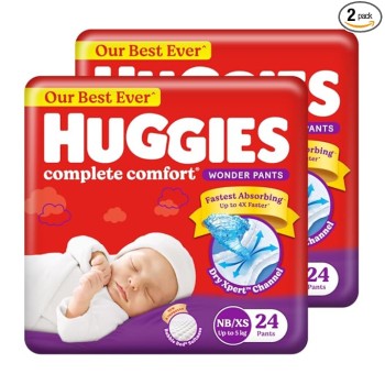 Huggies Complete Comfort Wonder Pants | Pant Style Baby Diapers Newborn / XS Size, 48 Count | India's Fastest Absorbing Diaper, Patented Dry Xpert Channel, Ideal for 0-5 Kgs Visit the Huggies Store