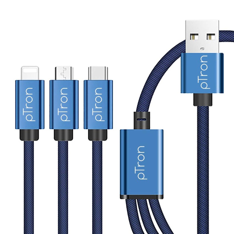 pTron Solero Swing 3 in 1 Fast Charging 2A Cable for Type-C, Micro & iOS Smartphones, Smart Charge 3 Port Data Charging Cable, Power line - (Blue) pTron Solero Swing 3 in 1 Fast Charging 2A Cable for Type-C, Micro & iOS Smartphones, Smart Charge 3 Port Data Charging Cable, Power line - (Blue)