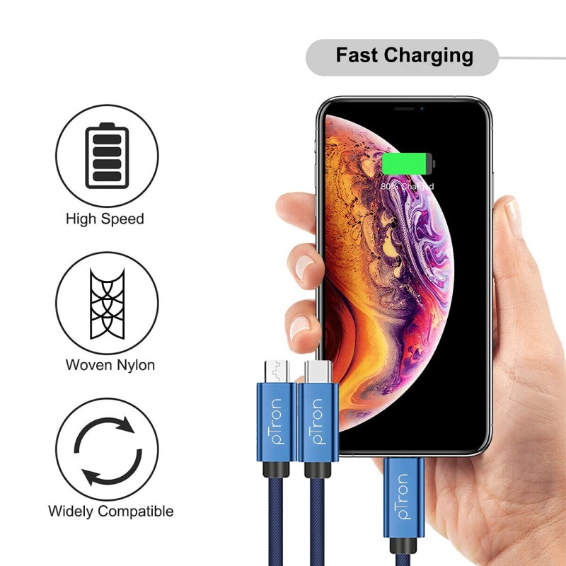 pTron Solero Swing 3 in 1 Fast Charging 2A Cable for Type-C, Micro & iOS Smartphones, Smart Charge 3 Port Data Charging Cable, Power line - (Blue) pTron Solero Swing 3 in 1 Fast Charging 2A Cable for Type-C, Micro & iOS Smartphones, Smart Charge 3 Port Data Charging Cable, Power line - (Blue)